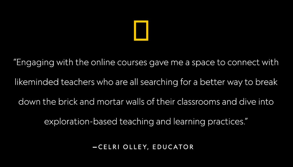NatGeoEducation's tweet photo. "For me, [the online courses] meant I finally had a way of making my subject relevant, alive and connected to a vibrant world of discovery." — HS English educator @CelriOlley

Enroll for a #free, #profdev course today: https://t.co/OHXUkvaLBi https://t.co/wM4UhTEReD