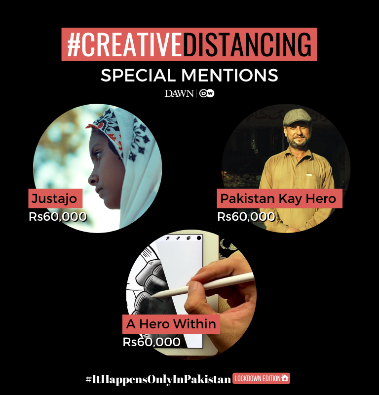 dawn_com's tweet photo. Announcing three more surprise winners for #CreativeDistancing!

Wowed by the number and quality of entries we received, our judges have decided to award three more 'Special Mention' prizes of Rs60,000 each.

Watch all the winning films here: https://t.co/qIorBiEypd https://t.co/ubgjQ55BpZ