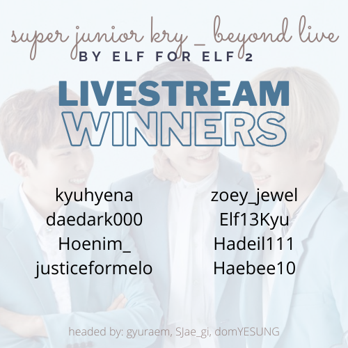 gyuraem's tweet photo. Congrats to the livestream winners of the @SJofficial #ByELF_ForELF 2 Giveaway 💙
@kyuhyena @daedark000 @Hoenim_ @justiceformelo @zoey_jewel @Elf13Kyu @Haedeil111 @Haebee10 @dessyputri92
Wait for a DM for further instructions ^^
cc: @SJae_gi @domYESUNG https://t.co/1RM77UOfVY