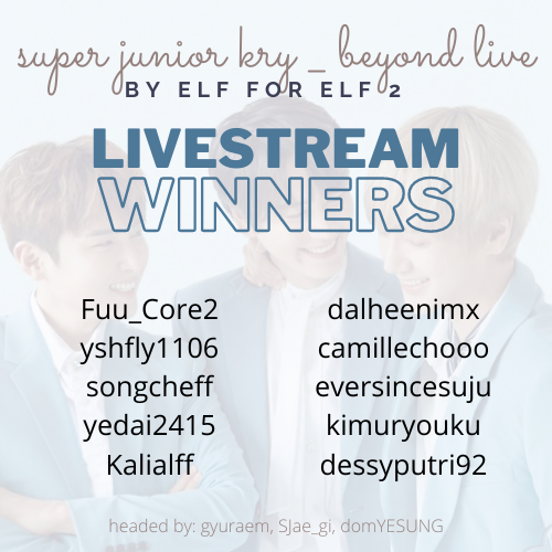 gyuraem's tweet photo. Congrats to the livestream winners of the @SJofficial #ByELF_ForELF 2 Giveaway 💙
@Fuu_Core2 @yshfly1106 @songcheff @yedai2415 @Kalialff @dalheenimx @Camillechooo @eversincesuju @kimuryouku
Wait for a DM for further instructions ^^
cc: @SJae_gi @domYESUNG https://t.co/UHAewxRHAk