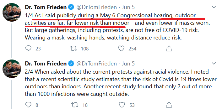 25/When the BLM protests begin, he had the SAME STANDARD for them as for others: Covid transmission is lower outside, but not zero. Compare that to the letter from the start of this thread where they said (for political reasons) the protests were not risky for transmission.