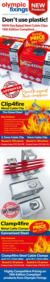 NEW 120 minute Fire Rated Cable Clip - clip4fire - NOW IN STOCK along with our new Galvanised Steel Cable Clamp - clamp4fire... Helping electricians with 18th Edition Compliance. 
#cableclip #firesafety #firerated #cableclamp