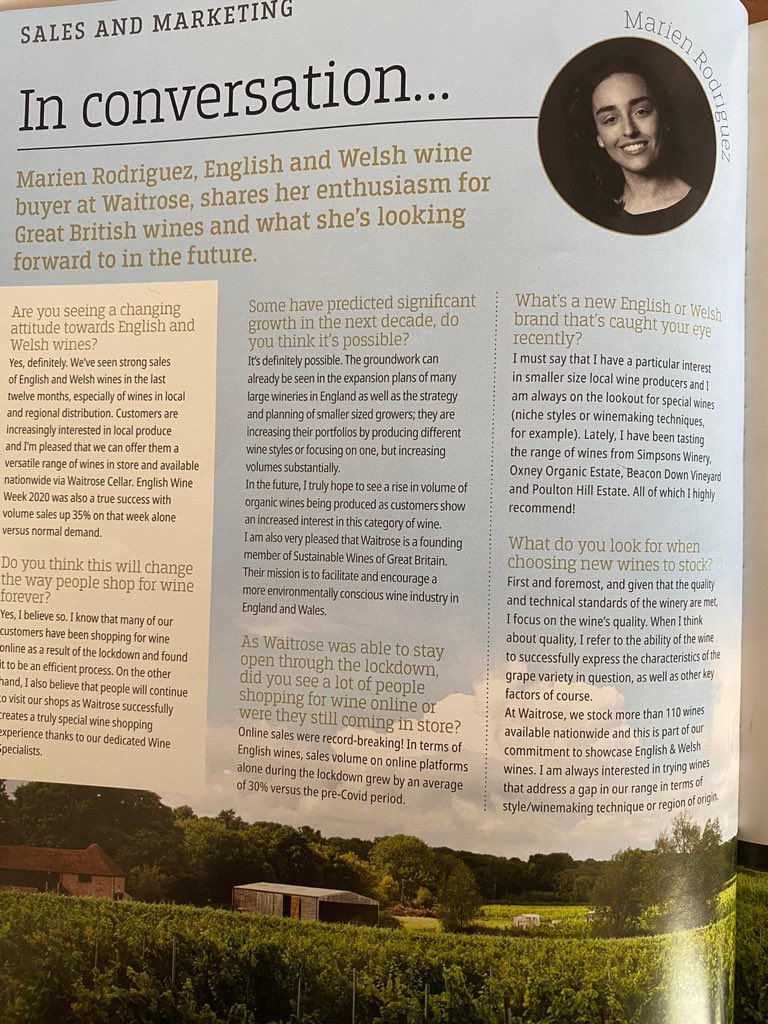 Thank you to Marien Rodriguez, English and Welsh wine buyer <a href="/waitrosewine/">Waitrose Wine</a> , for the mention in the latest issue <a href="/VineyardMagGB/">Vineyard Magazine</a> 

Our Bacchus 2018 is available to buy in over 20 Waitrose stores nationwide.