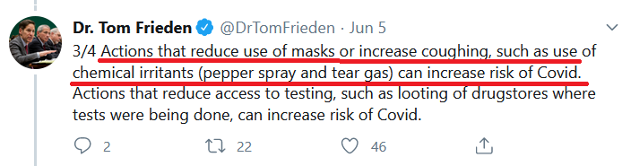 26/Equal standards and equal treatment are huge for building trust. Even when  @DrTomFrieden says police shouldn't use teargas he does so for medical reasons: it causes coughing and spreads Covid. He sticks to his expertise and doesn't attack or say police should be abolished
