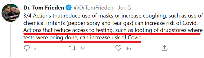 27/LOLHe calls out the looters, not for looting, but for spreading Covid See  @DrTomFrieden has a job to do: be the trusted expert for EVERYONE.So he doesn't attack the looters, nor does he defend the looting. His job is to discuss how Covid spreads, and he sticks to that.