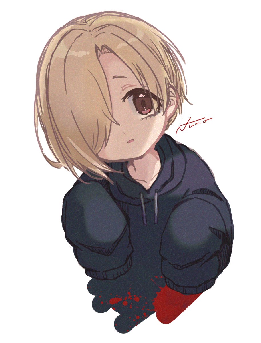 shirasaka koume 1girl solo hair over one eye blonde hair sleeves past wrists hood sleeves past fingers  illustration images