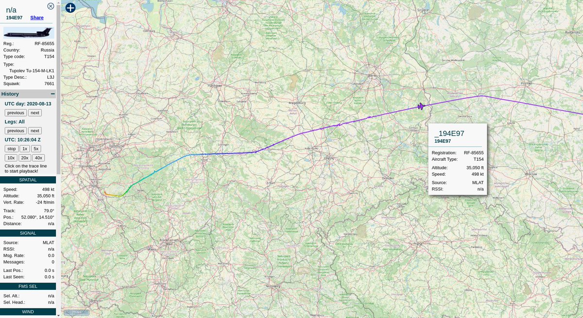   #Russia|n Air Force  #RuAF Tupolev Tu-154M-LK1 RF-85655| #194E97 headed home this morning after one day of  #OpenSkiesTreaty observation flights over Germany . https://tar1090.adsbexchange.com/?icao=194e97&showTrace=2020-08-13