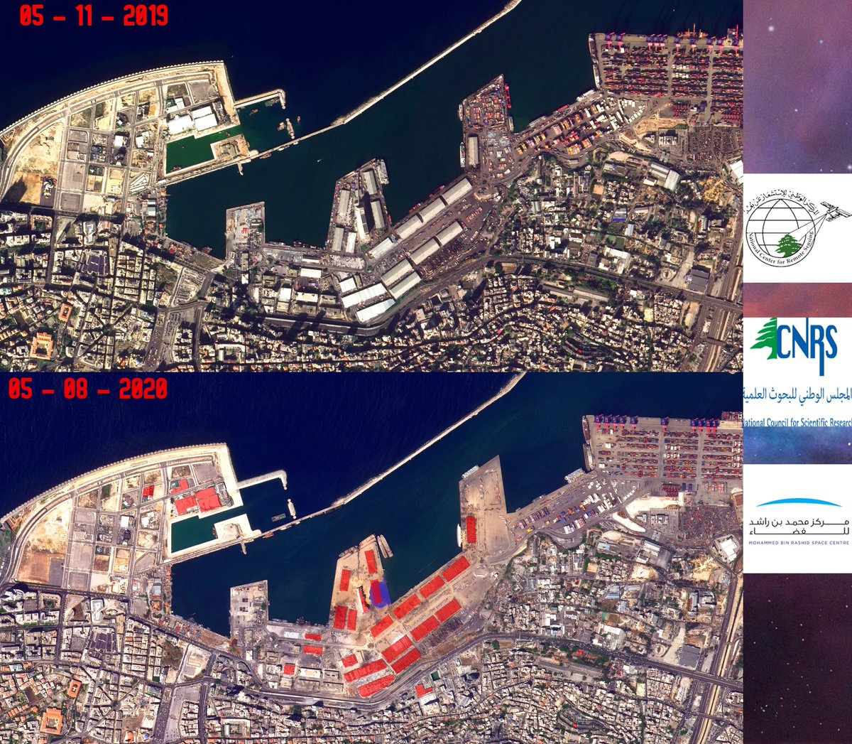 In red, fully damaged units following #Beirut blast using our #DeepLearning models for buildings' segmentation and change detection from aerial images provided by #KhalifaSAT. Thanks to <a href="/MBRSpaceCentre/">MBR Space Centre</a> <a href="/uaespaceagency/">وكالة الإمارات للفضاء</a> <a href="/FaourG/">Ghaleb Faour</a>.
Results by my graduate student <a href="/HasanNasralla14/">Hasan Nasrallah</a>