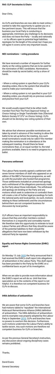 Here's the email sent to the secretaries of Constituency Labour Parties. A foreclosing of debate, dissent and freedom of speech. How can any democrat deny that this is problematic?