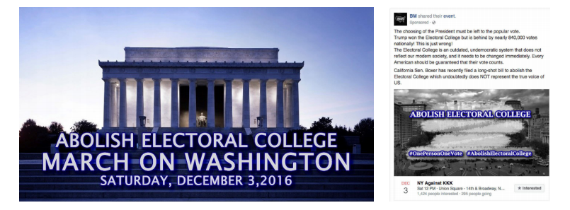 Post 2016 Election and 2017 activity- The Left-targeted narratives immediately called for protests of the Electoral college. - There were attempts to pre-empt calls for impeachment (even before he was inaugurated) by framing Vice President Pence as an even worse option.(82)