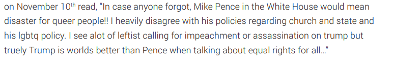 A faux-LGBT IRA account called "LGBT United" wrote a post indicating if Trump was to be impeached then having Mike Pence would be the worst possible situation (see pic attached)(83)