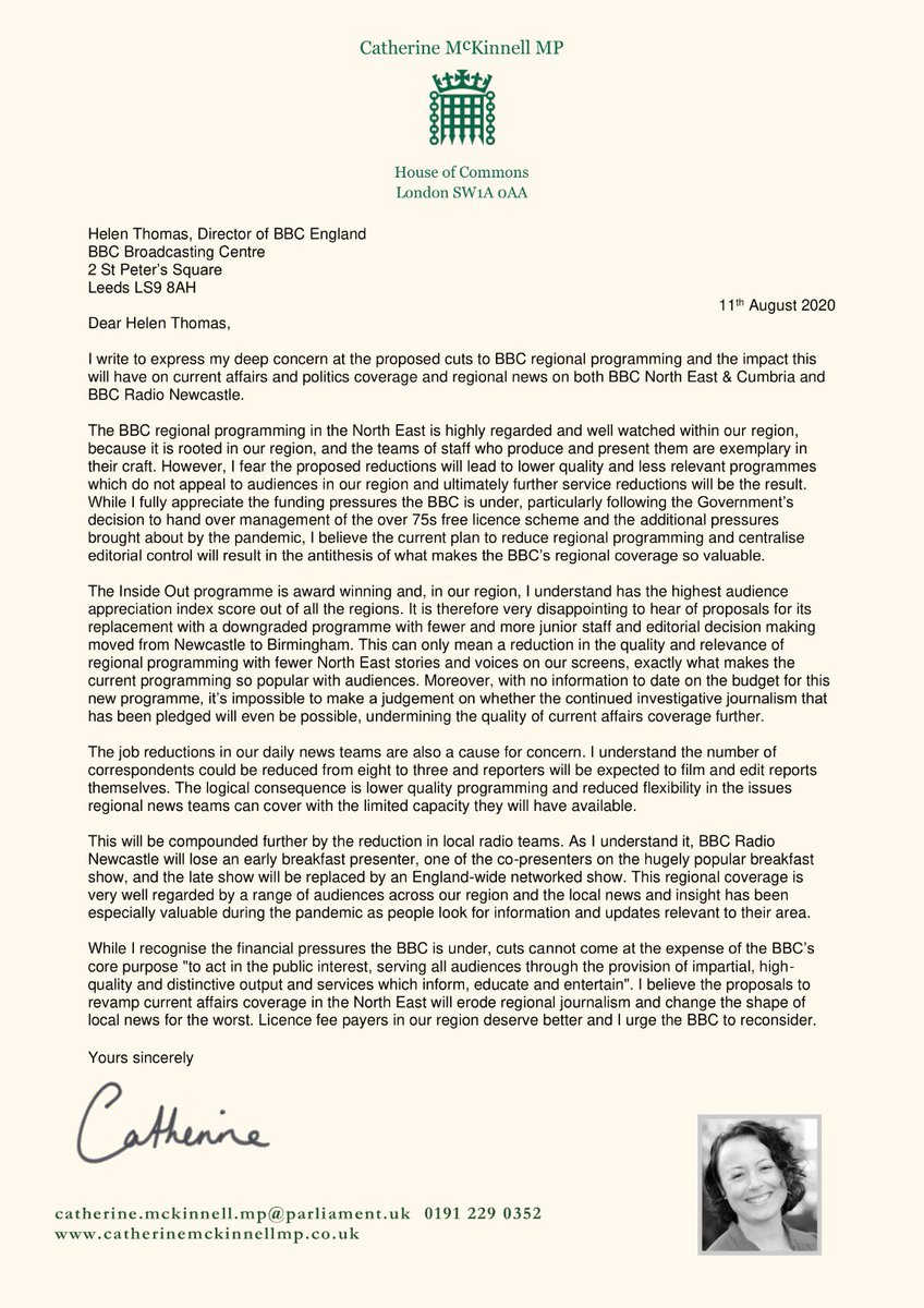 CMcKinnellMP's tweet photo. The BBC's regional current affairs, news &amp; radio in the NE is popular because it's local. It's made in our region, by our region, for our region. I'm concerned at proposals to reduce this &amp; so I've asked them to rethink #KeepBBClocal @InsideOutCJ @BBCNEandCumbria @bbcnewcastle https://t.co/XY5kah3maD