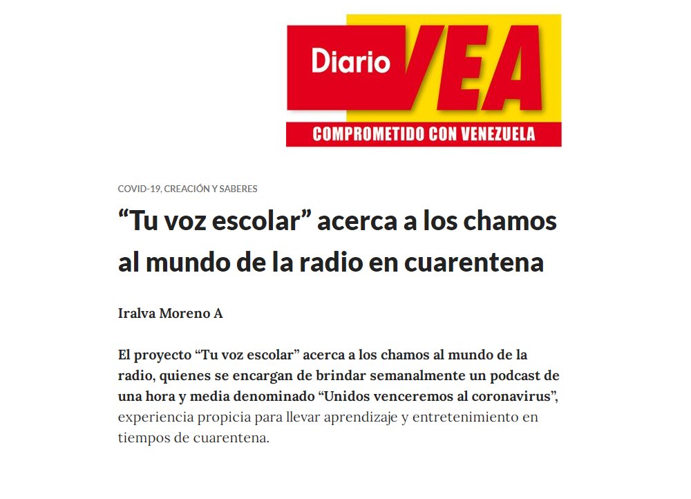 crauetdt's tweet photo. #FelizJueves | Vía #DiarioVea “Tu voz escolar” acerca a los chamos al mundo de la radio en cuarentena @MPPEDUCACION @IldegarGill @eugeniapinero @revenezuela1 @ZonaEducTachira @RosangelaOrozco @Danielcustodio3
Lee➡️ https://t.co/9vrXeHXNzs
#VenezuelaProduceEnPrevención https://t.co/oGMdQOTkKd