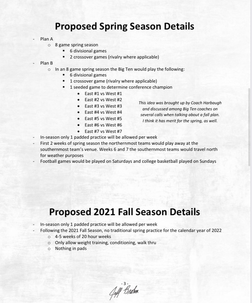 Adam Rittenberg (@espnrittenberg) on Twitter photo #Purdue coach <a href="/JeffBrohm/">Jeff Brohm</a> has put together a very detailed and thoughtful proposal for spring football in the #B1G and how it would work in fall 2021. Will have more later but here’s the overview. #Purdue coach <a href="/JeffBrohm/">Jeff Brohm</a> has put together a very detailed and thoughtful proposal for spring football in the #B1G and how it would work in fall 2021. Will have more later but here’s the overview.