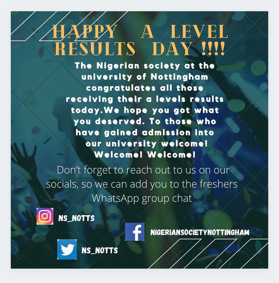NS_Notts's tweet photo. Well done to those who are collecting their results today 👏🏾 

We are inviting you all to join us. Send us a dm with a screenshot of your acceptance to the university to be added to the gc 🎉 https://t.co/7xKoZjTCBU