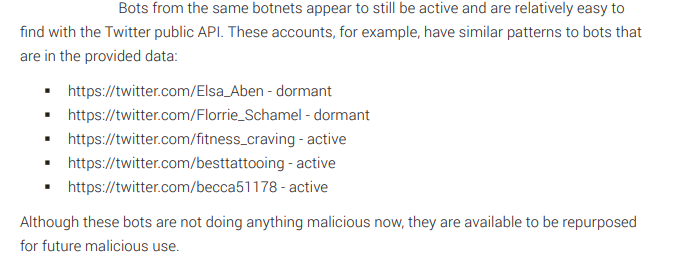 Ongoing Effort: Live Accounts RemainThe SSCI report mentions to monitor these bot accounts to see what they do.KEEP AN EYE ON THESE ACCOUNTS:  @Elsa_Aben - dormant now active @besttattooing - active @becca51178 - activeThe others have been suspended/deleted.(85)