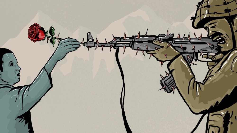 AJEnglish's tweet photo. "Mir Suhail's work brings you face-to-face with the stark reality of Kashmir's brutal military occupation."

Meet Kashmiri cartoonist taking a dig at Indian rule https://t.co/BTxQDS8jSm https://t.co/moiUwOoLop