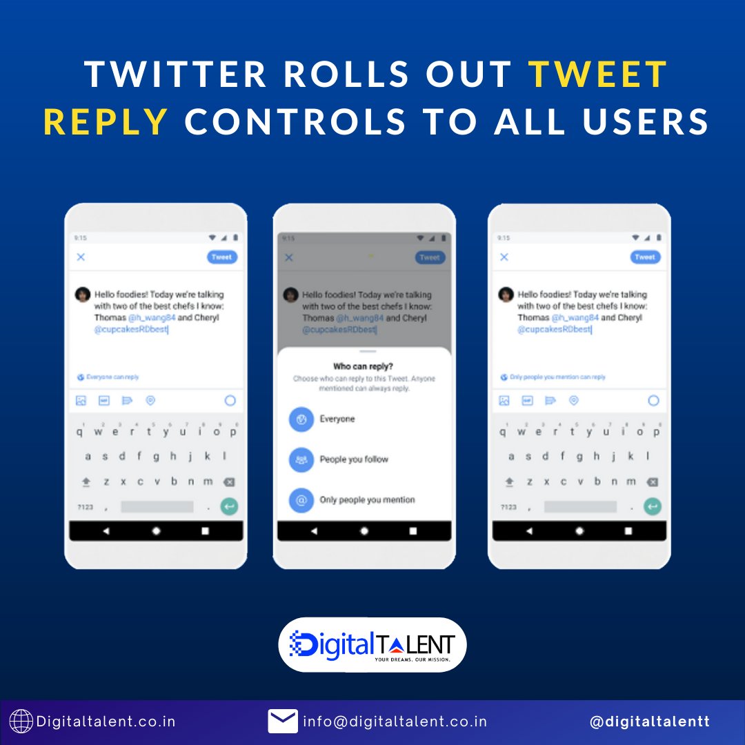 DigitalTalentt's tweet photo. Twitter Rolls Out Tweet Reply Controls to All Users.
#twitter #twitterupdate #twitterpost #twittertweets #digitalnews #digitalmarketinginstitute #marketing #digitalmarketing #bhubaneswar #odisha #digitaltalent https://t.co/zvOb45pr2w