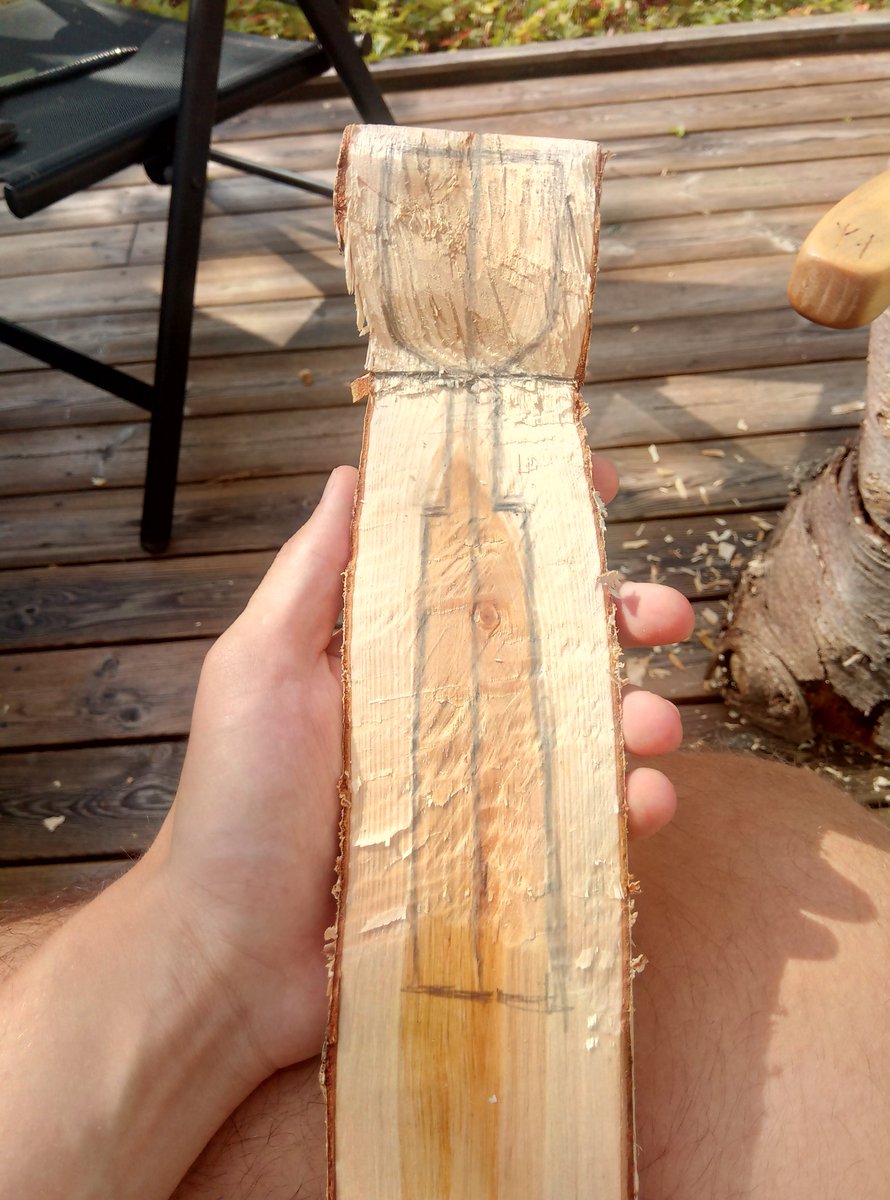 Then when im happy with that I draw out my spoon. After that I make two saw cuts in the side of the spoon. You can use an axe but I find it easier to do it with the saw. Then I just continue to carve out the spoon with my axe.