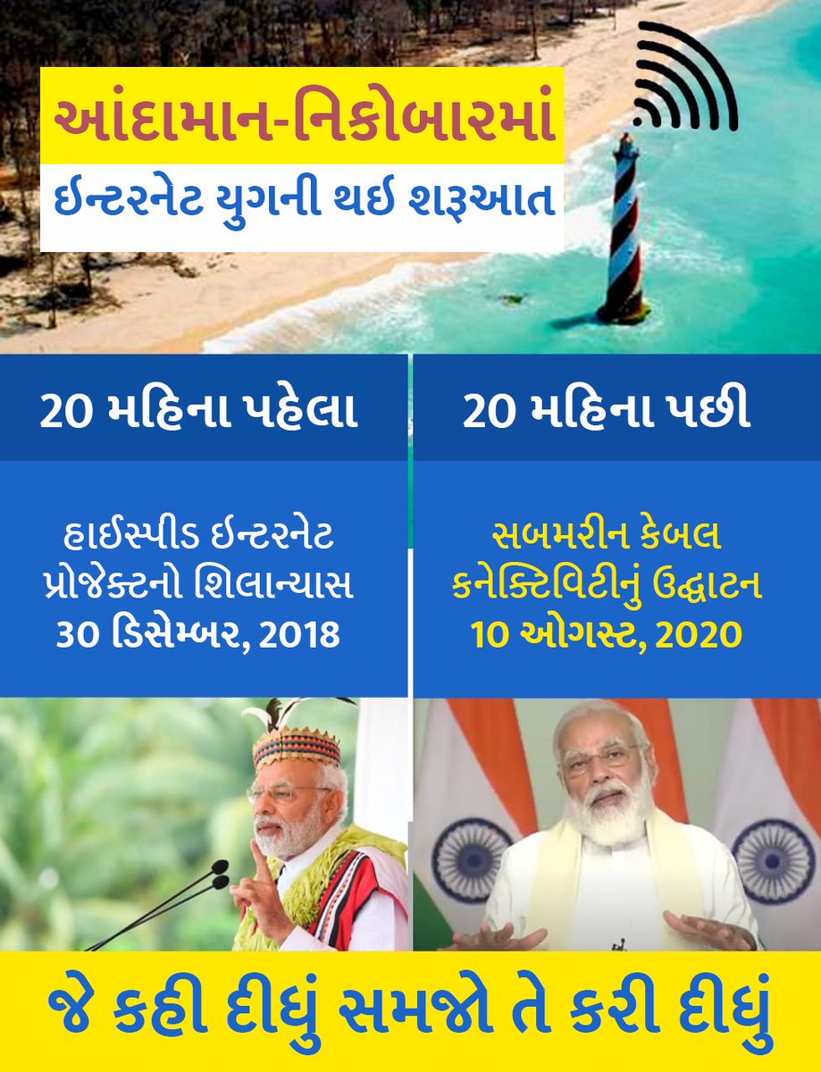 ForBJPGujarat's tweet photo. પ્રધાનમંત્રી શ્રી @narendramodiજી જે કહે છે તે કરી બતાવે છે તેથી જ આજે આંદામાન-નિકોબારમાં પણ ઈન્ટરનેટ યુગની શરૂઆત થઇ ગઈ છે...
#Andamannicobarwithpm #Intrernet #modihaitomumkinhai https://t.co/EPCuFNZeQx
