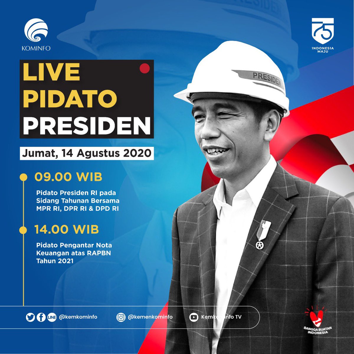 Selamat malam, SobatKom!

Besok Presiden <a href="/jokowi/">Joko Widodo</a> akan menyampaikan pesan ke seluruh anak bangsa dalam #PidatoPresiden2020 

Catat jamnya ya, jam 9.00 pada Sidang Tahunan bersama MPR RI, <a href="/DPR_RI/">DPR RI</a>, &amp; DPD RI dan jam 14.00 saat Pengantar atas RAPBN tahun 2021.

Selamat menyimak sob!