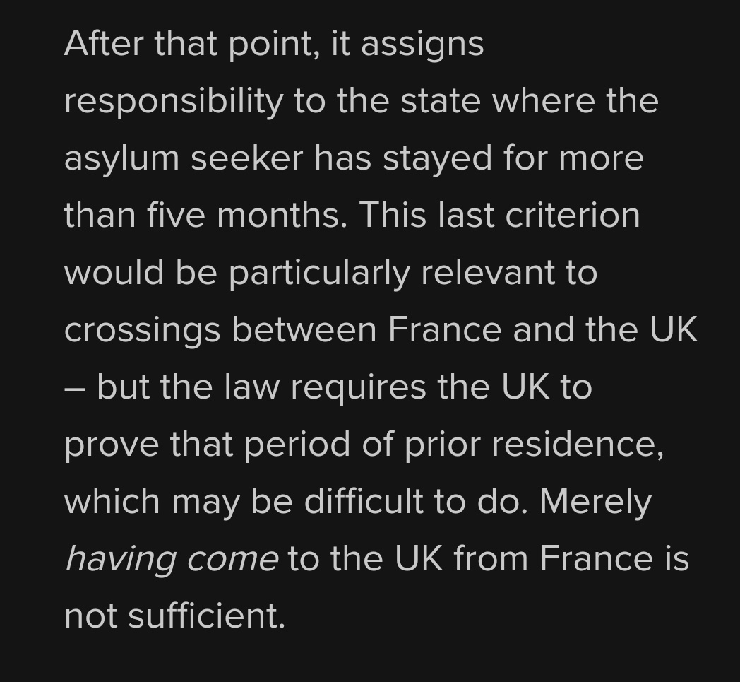 2/ Some of the discussion assumes that under the Dublin system, France has to take back anyone who reaches UK waters/territory. No: the rule is that the UK must prove five months' stay in France.