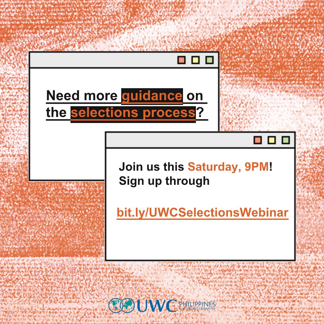 UWCPhilippines's tweet photo. To aid in your application, we'll be holding a webinar this Saturday, August 15 at 9PM. Got any questions? Still don't quite get the process?  🤔

Sign up and send in your queries through this link: https://t.co/jHaZF2zdKc 

See you there! 💻🙋 🙋‍♂️

#StudyAbroad #ApplyNow https://t.co/FqkPemZeM2