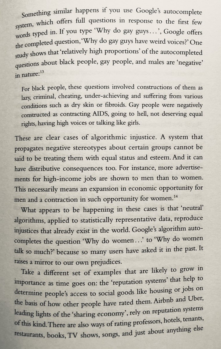 jamiesusskind's tweet photo. For those interested in bias and algorithms, here is the bit in Future Politics which discusses the Neutrality Fallacy: the flawed idea that an algorithm is just or fair if it treats everyone the same. 

neutral algorithms entrench and amplify pre-existing injustices. https://t.co/3u0S6meGqf