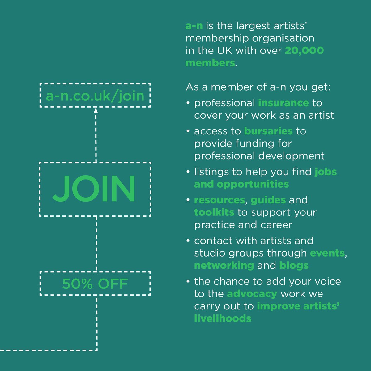 a-n is offering 50% off Artist Membership for 2020 art &amp; design graduates - just £19 for 12 months.To join the largest artists membership organisation in the UK email membership@a-n.co.uk for the DISCOUNT CODE. You will be asked to provide details of your college &amp; course.