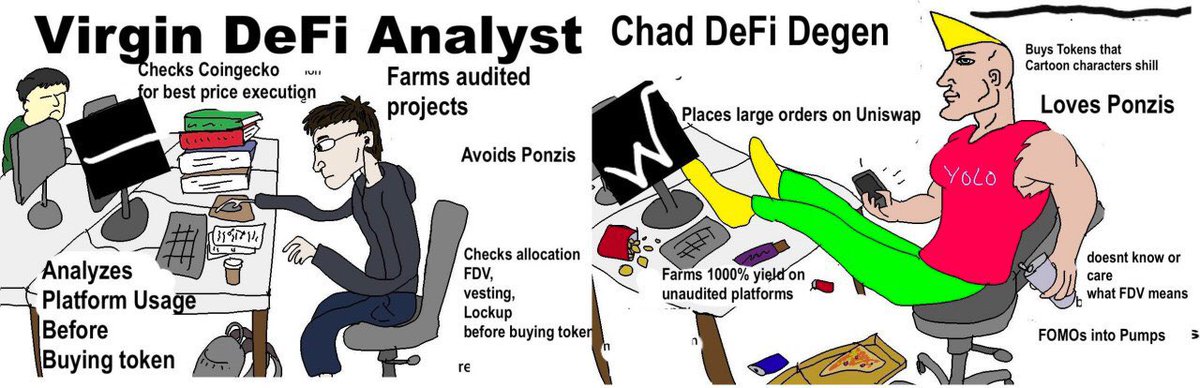 3/X: Post starts by explaining what DeFi is, in case some non ethereum people read it.Then it starts to look at the bad side of DeFi. Compares normal yield farmers with the irresponsible so called "Defi Degen"