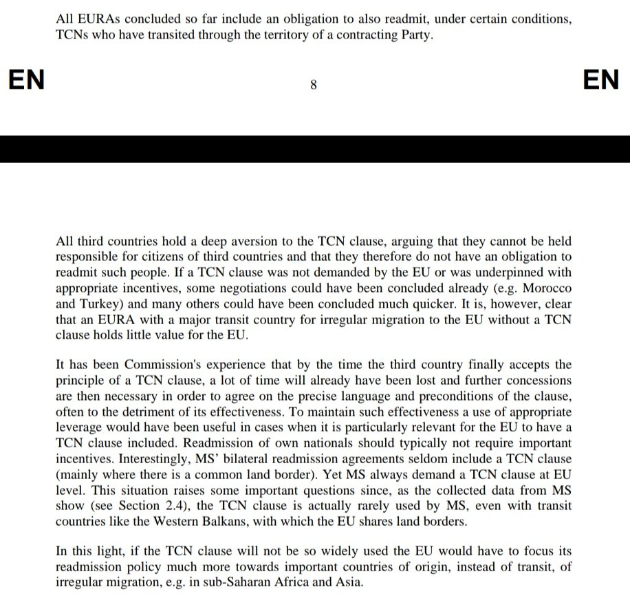 8/ Commission assessment in 2011 of EU readmission treaties and the readmission of non-party citizens:  https://eur-lex.europa.eu/legal-content/EN/ALL/?uri=CELEX%3A52011DC0076 Non-EU countries resist it; they need goodies before they will accept it; EU countries don't usually demand it in their own readmission treaties.