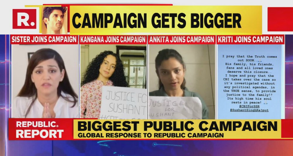 republic's tweet photo. Kriti Sanon joins the #CBIForSSR campaign, demands a CBI probe in Sushant's death case. 

Tune in to watch the latest updates here - https://t.co/RZHKU3wOei https://t.co/SaSs9orxJn