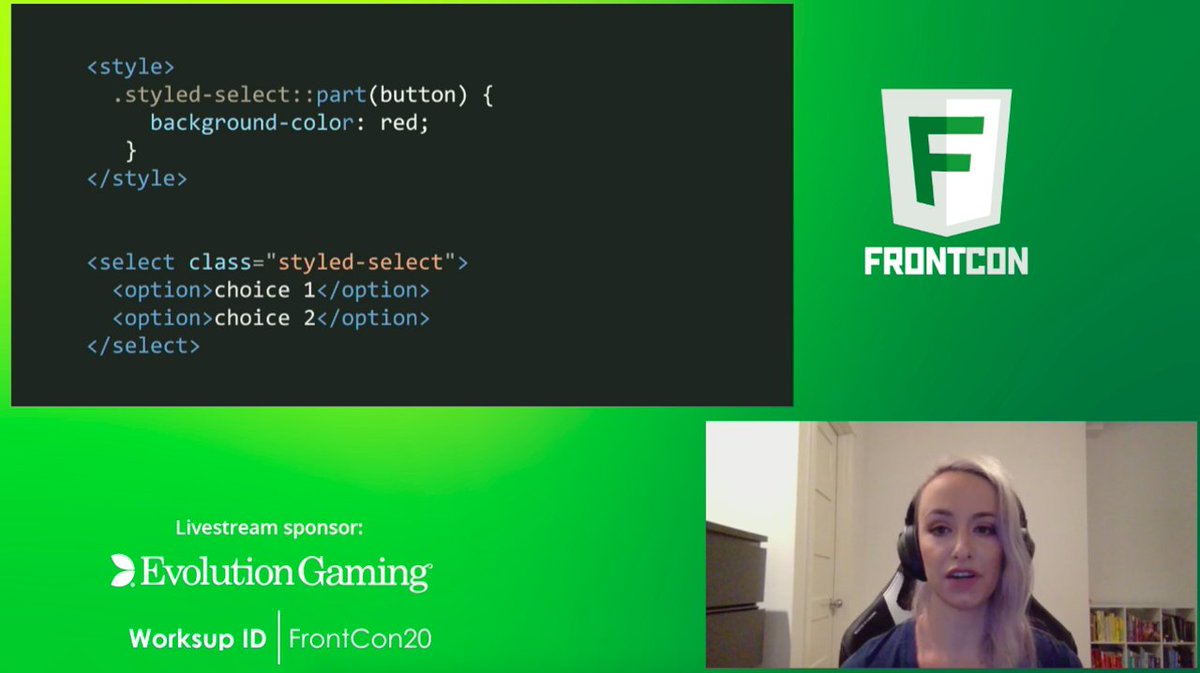 FrontCon's tweet image. .@seaotta discussing the history behind why #HTML controls can be so complex to style, the current state of styling them and their extensibility, and what the future looks like for controls, starting with the ‘select’ element #FrontCon2020