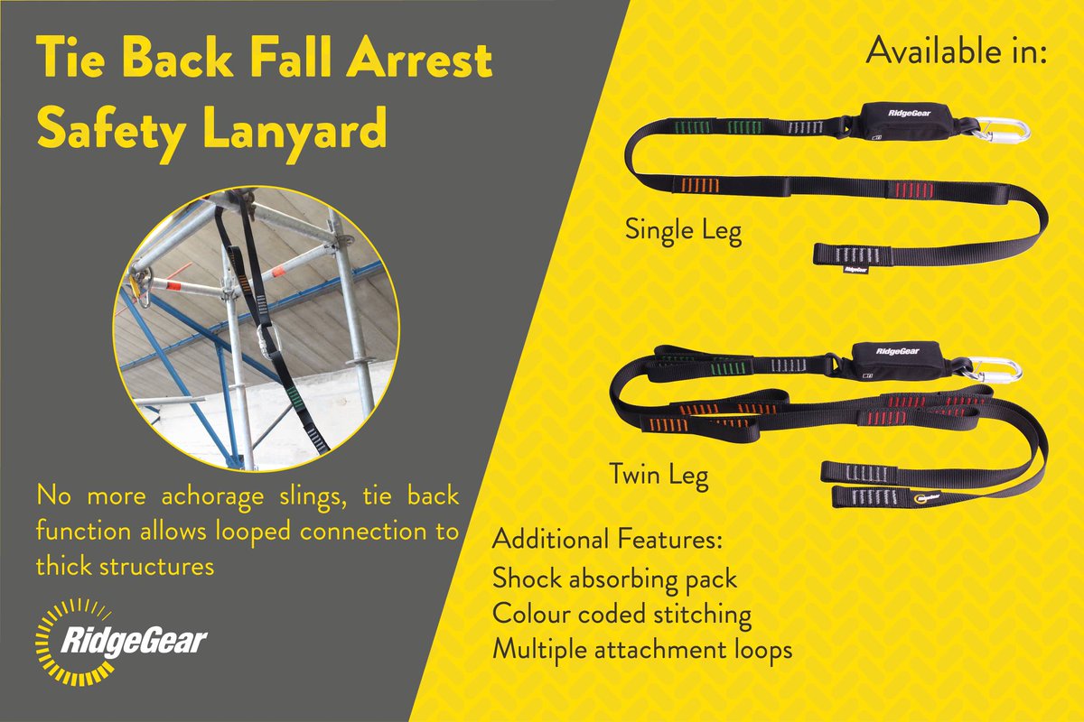 ridgegear's tweet photo. Too much gear? Say goodbye to anchorage slings and  switch to our tieback #fallarrest #safetylanyard. 

Its loop back capability is perfect for connection around large structures.  Easily identifiable due to its three colour stitching. 

#workatheight #heightsafety #worksmart https://t.co/tmoL7Ndqzn