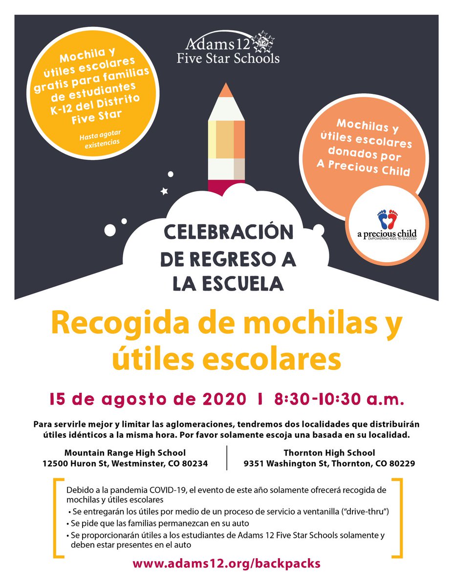 REMINDER: Join us this Sat, Aug 15, 2020 from 8:30-10:30 am for the "Back to School Bash - Backpack &amp; School Supply Pick-up". This year, the bash will be backpack and school supply pick-up only through a drive-thru experience. Find out more: adams12.org/backpacks