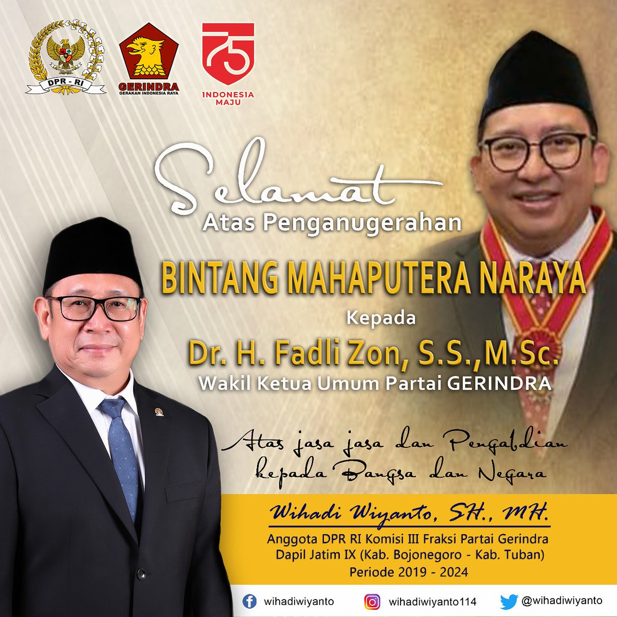 Selamat atas penganugerahan BINTANG MAHAPUTERA NARAYA  Kepada Bapak Dr. H. Fadli Zon, S.S.,M.Sc. (Wakil Ketua Umum Partai Gerindra) atas jasa-jasa pengabdian kepada bangsa dan negara.

<a href="/fadlizon/">FADLI ZON</a>