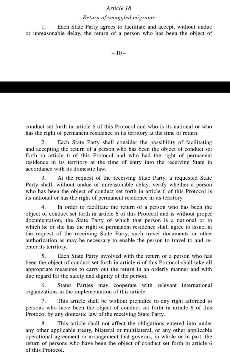 11/ Look what countries and the EU agreed to in a UN protocol on the smuggling of migrants: an obligation to take back their citizens and permanent residents, *not* all persons who were smuggled. (UN and Council of Europe measures on trafficking in persons have the same rule) //