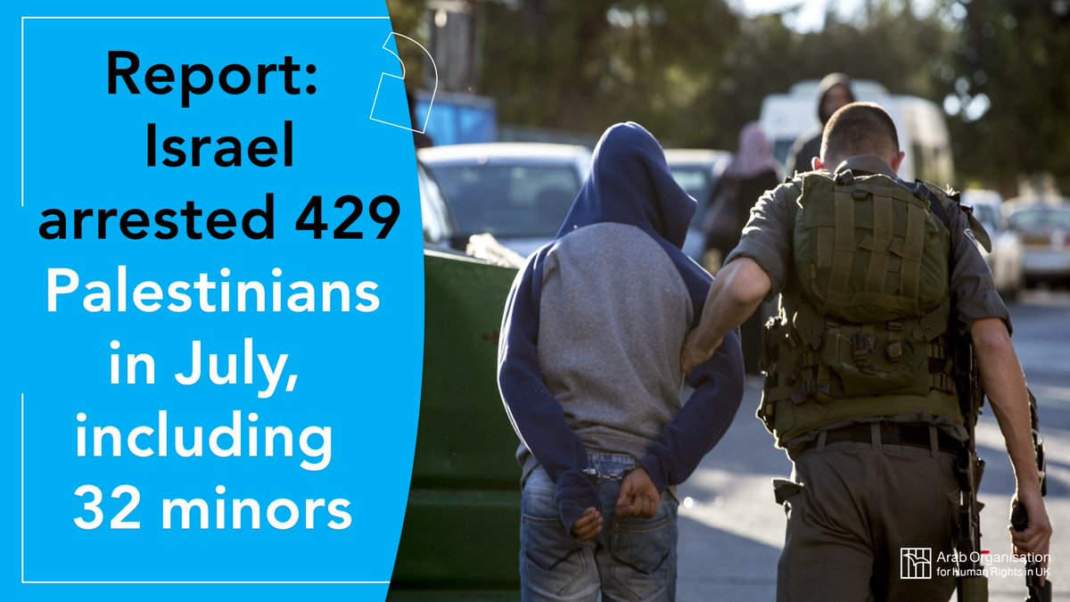 AohrUk's tweet photo. Report: #Israel arrested 429 #Palestinians in July, including 32 minors

Details: https://t.co/Ssrl3yUXeP https://t.co/O8AvQl6bML