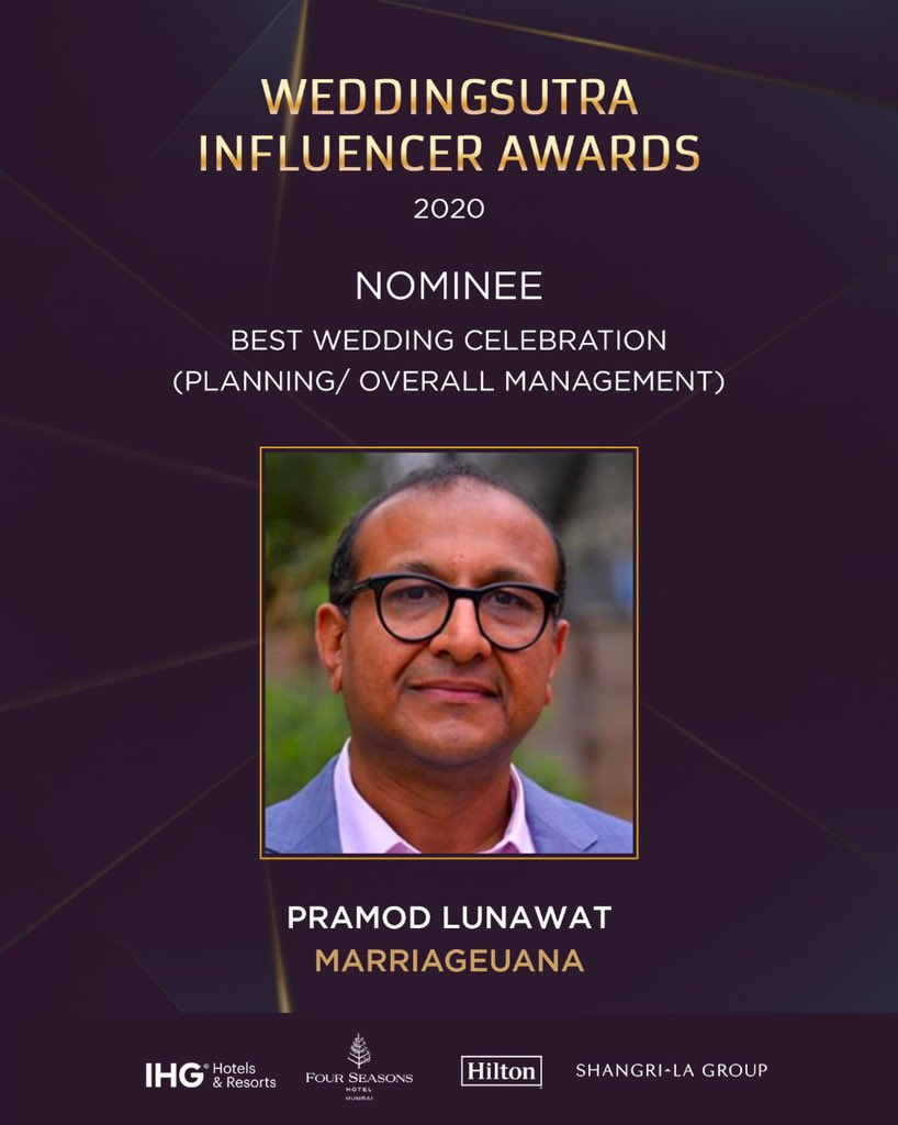 marriageuana's tweet photo. Happy Happy!

*Nominated for WeddingSutra Influencer Awards 2020!* 

Thank you
@weddingsutra 
@wsengage 

Humbled -  @PramodLunawat 

#WeddingSutraInfluencerAwards #WSIA2020 #marriageuana #AwardWinning https://t.co/jrfSOmeV6y