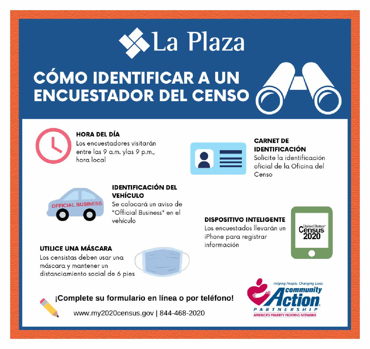 ¡HAGASE CONTAR HOY!

3 maneras de responder al censo:

Por internet: my2020census.gov
Por teléfono: 844-468-2020
Por correo postal: La forma será enviada a su domicilio

#Censo2020
#CensusRapidResponseNLC 
#CountMeIndy
#LatinosCount
#TodosCuentan
#HasmeContar