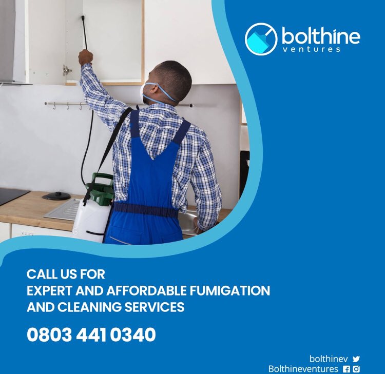 BolthineV's tweet photo. Are you moving into a new home? π Give us a call to make sure itβs pest free and sparkling!β¨
Call 08034410340 or send us a DM today for affordable expert fumigation and cleaning services!
#bolthineVentures #FumigationExpert https://t.co/qozFNWBO76