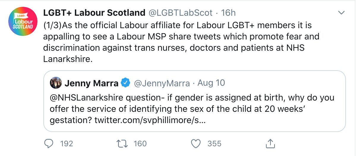 Labour affiliated group LGBT+ Labour Scotland have accused Labour MSP  @JennyMarra of sharing tweets which "promote fear and discrimination" against trans people after she questioned the terminology used by NHS Lanarkshire in a policy document.