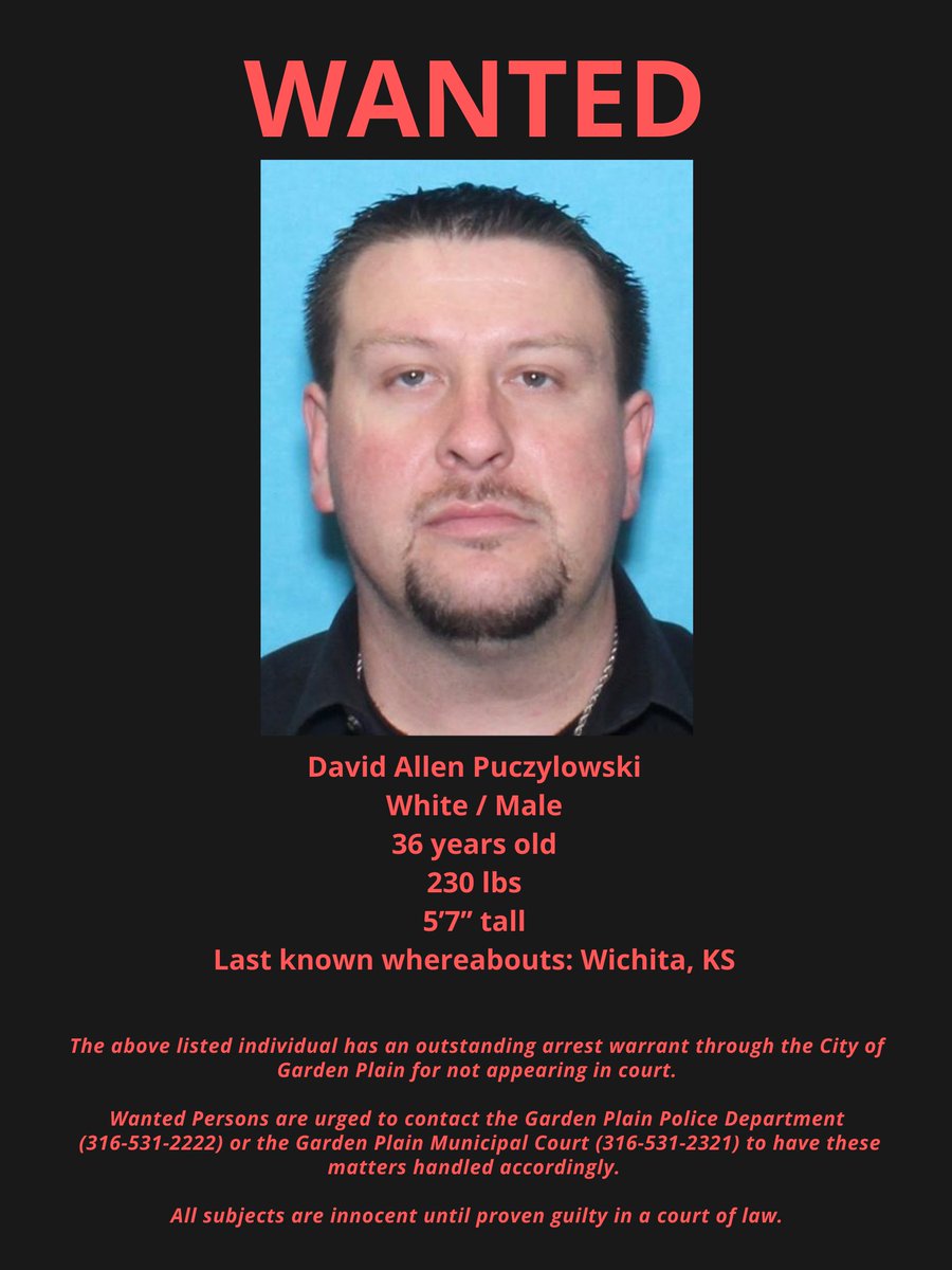GardenPlainPD's tweet photo. Have you seen David Puczylowski? #WantedPerson https://t.co/hyleYRrg5v