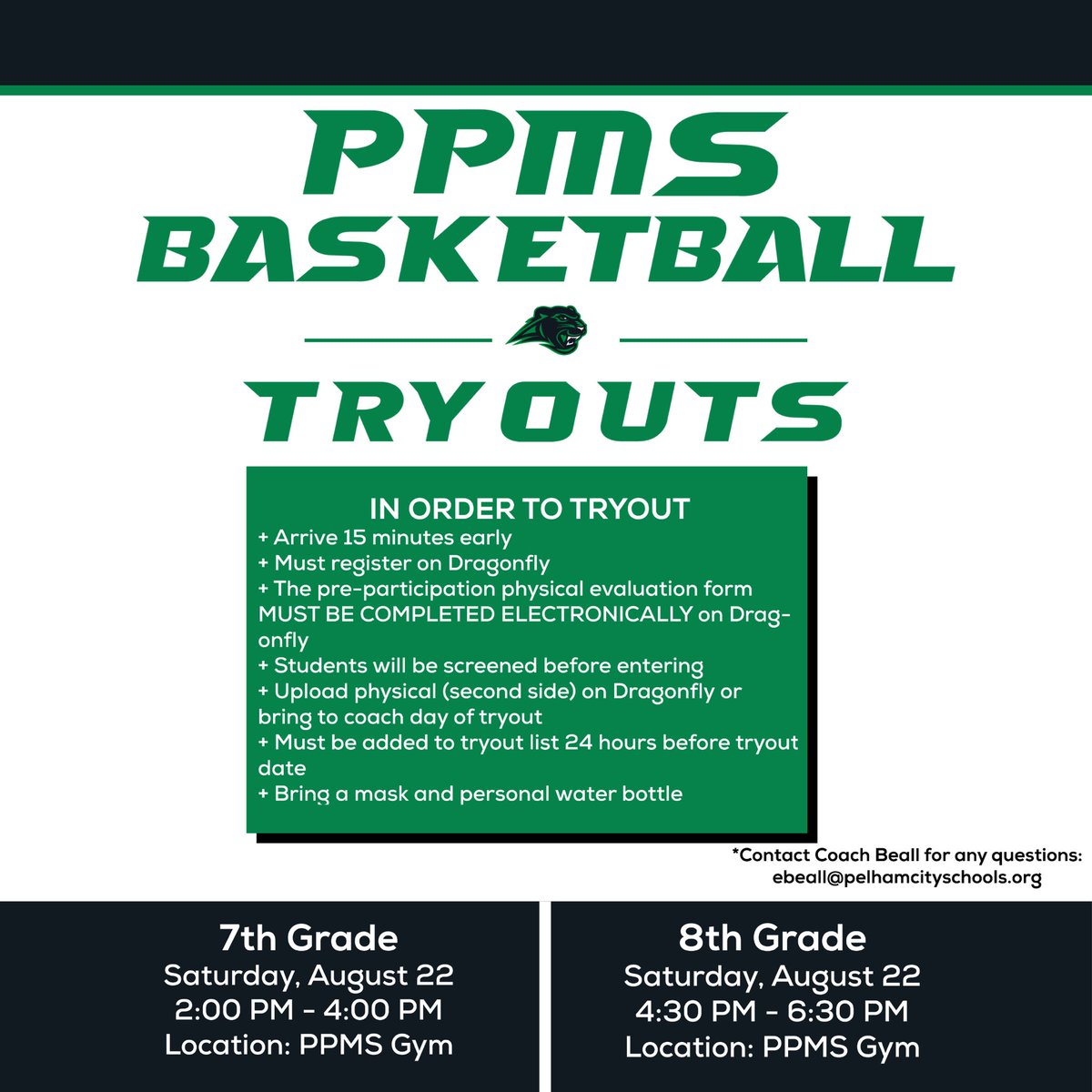 All Boys- if you plan on trying out for basketball please contact Coach Beall to sign up and follow all instructions on the flyer. If you need any help contact Coach Beall at the email attached to the flyer. See you next Saturday 🏀 @PELHAM_AD <a href="/coachd3132/">Greg Dickinson</a>