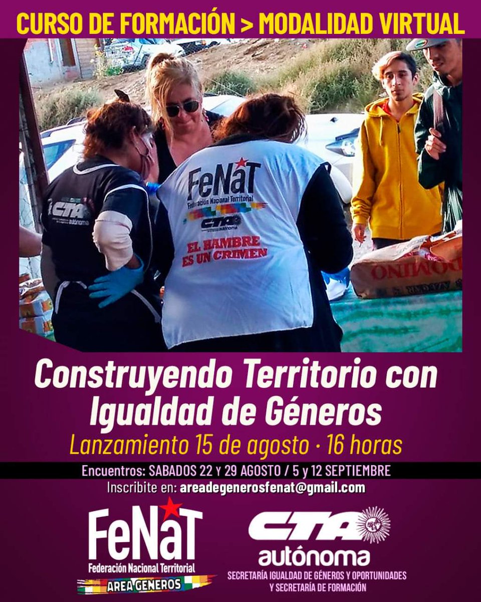 fe_tsc's tweet photo. CURSO DE FORMACIÓN > MODALIDAD VIRTUAL
Construyendo #Territorio con Igualdad de #Géneros
Lanzamiento 15 de agosto · 16 horas
Encuentros: SABADOS 22 y 29 AGOSTO / 5 y 12 SEPTIEMBRE
Inscribite en: areadegenerosfenat@gmail.com https://t.co/lIh4UqOau9