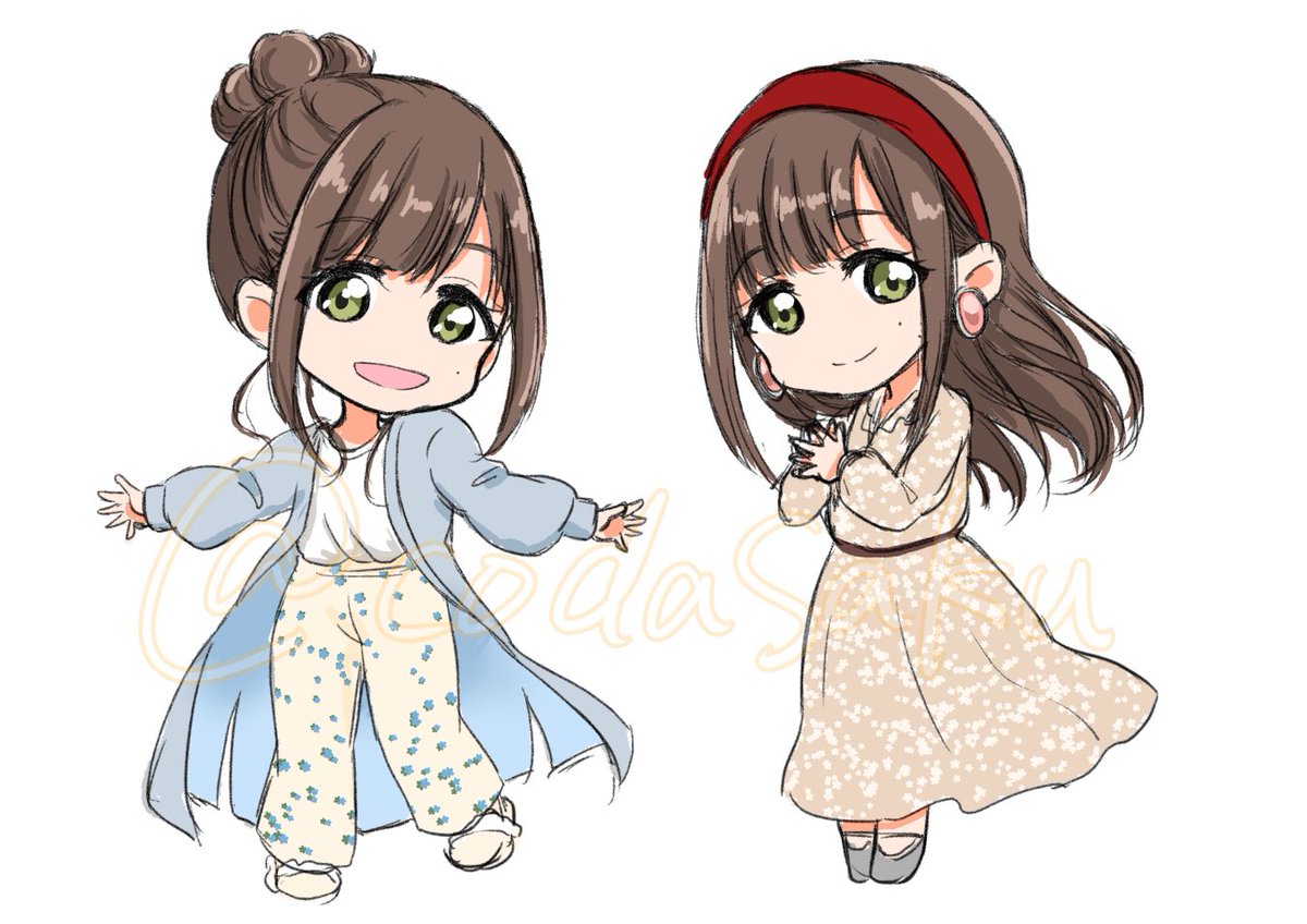 アクキー第2弾のラフできた ワンピとズボンの小花柄をどう描くか それが問題だ 小枝 のイラスト アクキー第2弾のラフできた ワンピとズボンの小花柄をどう描くか それが問題だ 小枝 のイラスト