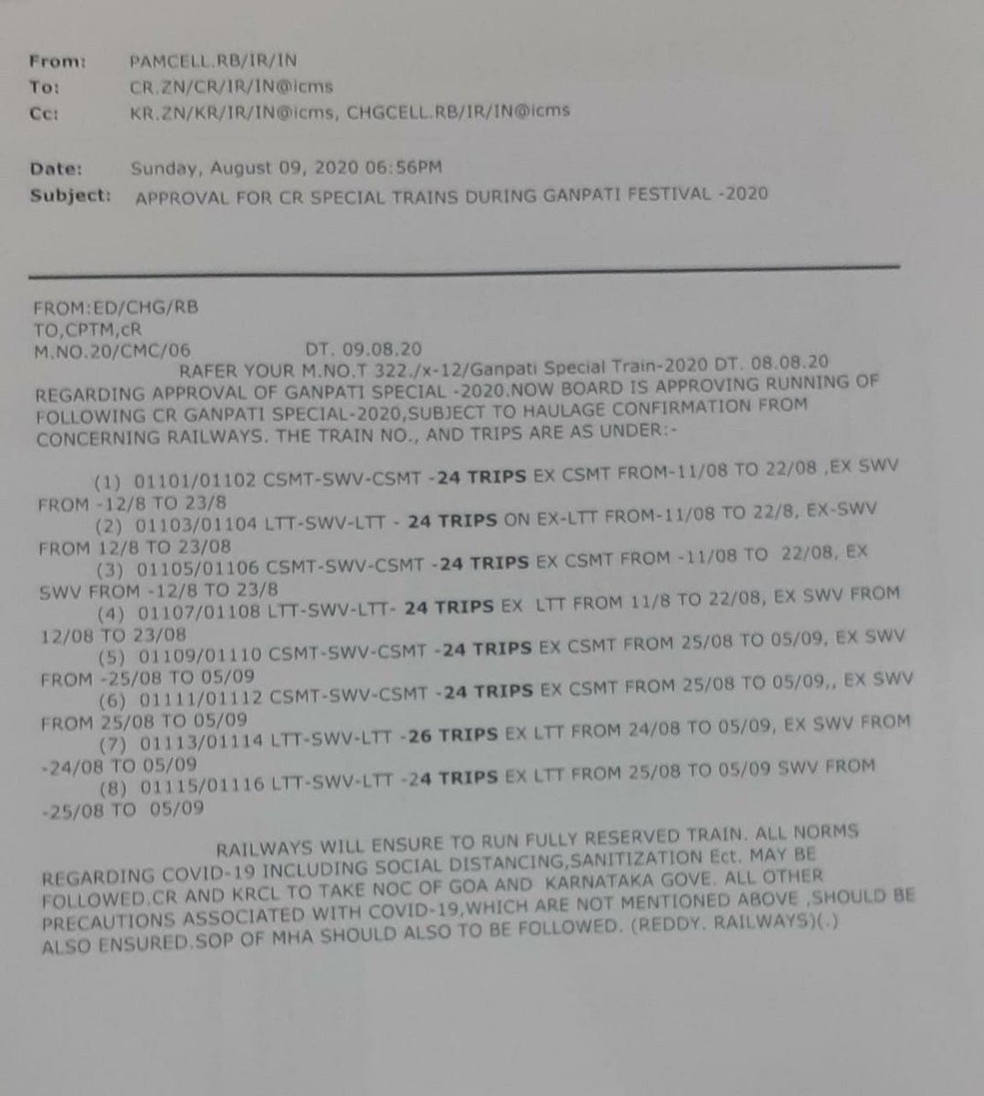 The CR then immediately scheduled the special trains and sent for Railway Board’s approval. Railway Board approved on August 9 subject to following the Standard Operations Procedure (SOP) of Ministry of Home Affairs & Inter-District travel norms of the Maharashtra Government