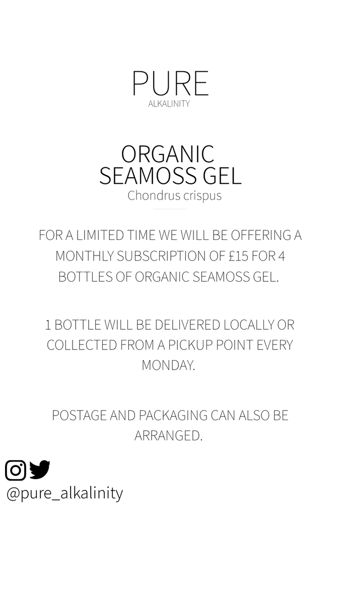 pure_alkalinity's tweet photo. Introductory offer of 4 freshly made wildcrafted organic sea moss jars for the price of 3! 

1 bottle will be delivered at the beginning of each week to maintain freshness and kick start your week the @pure_alkalinity way. 

DM or email when placing order. https://t.co/ZoqHvTFshe