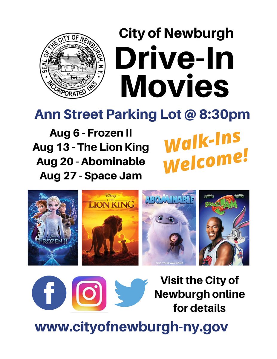The Lion King is tonight + food trucks + Census 2020 volunteers! Walk-ins are welcome and are encouraged to bring chairs or blankets.

cityofnewburgh-ny.gov/home/news/summ…