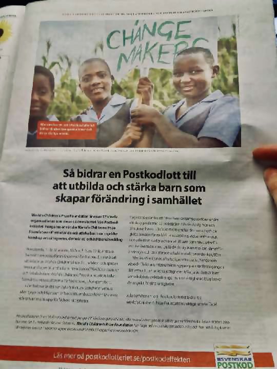 Tack <a href="/PostkodLott/">Postkodlotteriet</a> för helsida i <a href="/dagensnyheter/">Dagens Nyheter</a> om vårt arbete för #barnetsrättigheter #demokrati och #globalamålen. Med hjälp av ert starka stöd har vi sedan 2013 kunnat utbilda och stärka ännu fler barn som #förändrare för en bättre värld. #postkodeffekten